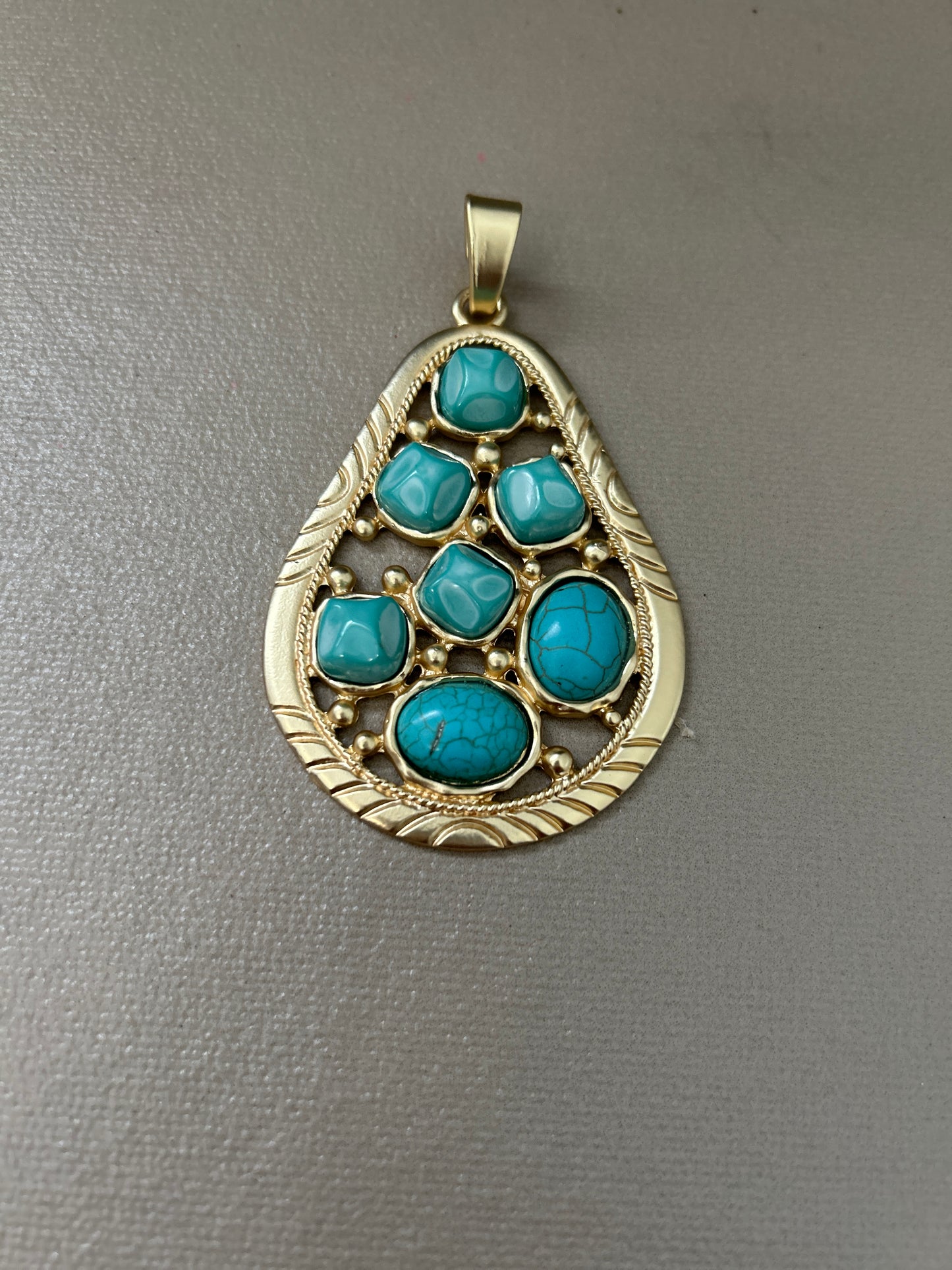 3.5-2.5in Large Pear Gold Matte Turquoise Pendant 30319