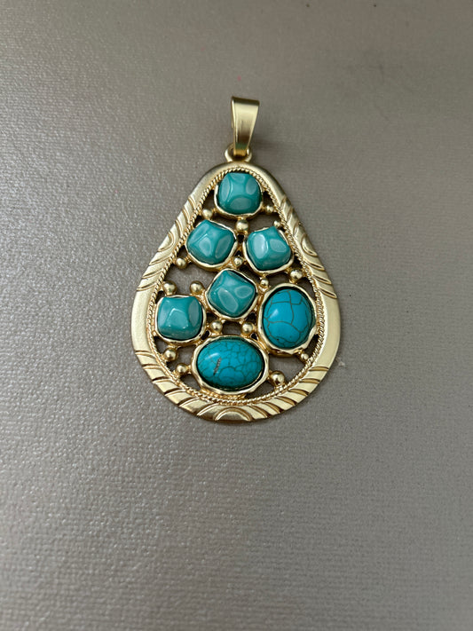 3.5-2.5in Large Pear Gold Matte Turquoise Pendant 30319