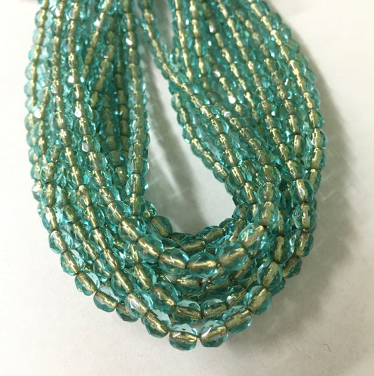 4mm Aqua and Gold Round Faceted Czech Strand / Redondo