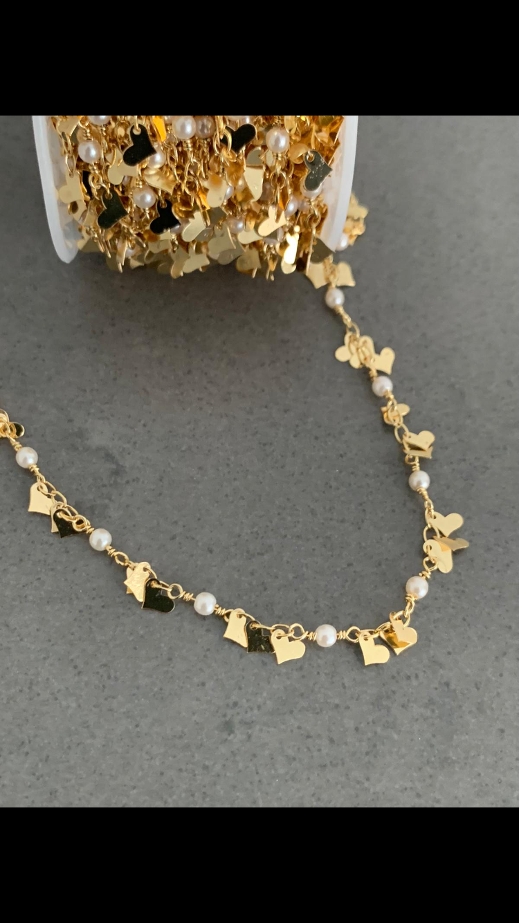 Pearl and heart chain gold filled per feet 21552