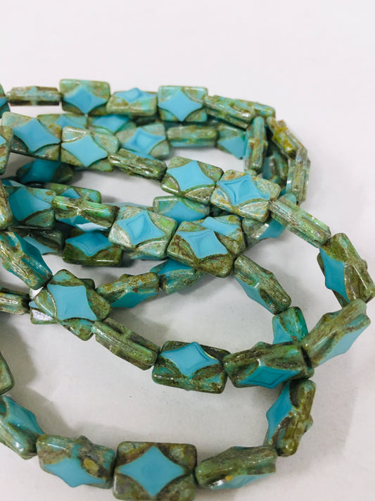 12mm Blue and Green Rectangle Czech Strand / Rectangulo