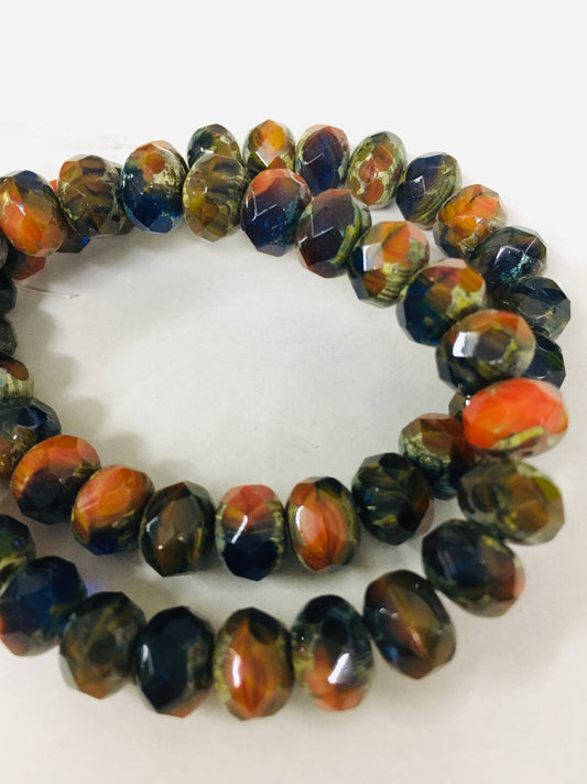 8mm Blue, Orange and Brown Rondelle Czech Strand