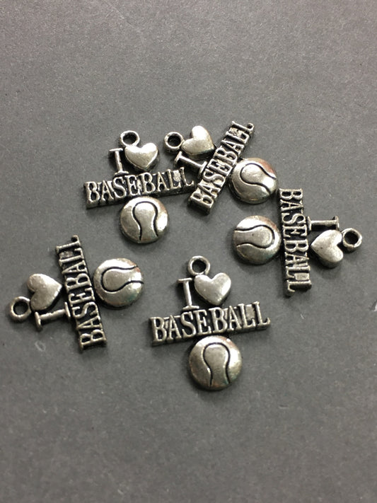 22mm I Love Baseball Charm Silver Qty 5
