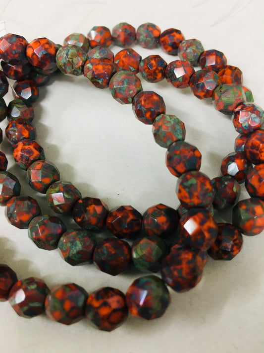 8mm Orange and Green Round Faceted Czech Strand / Redondo