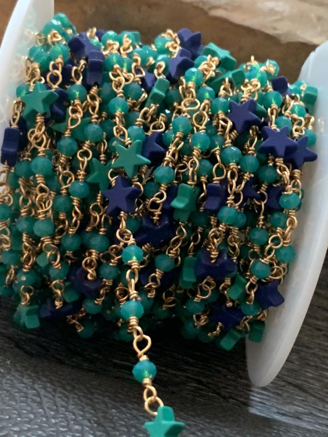 Star and Crystal teal Chain per foot 21245