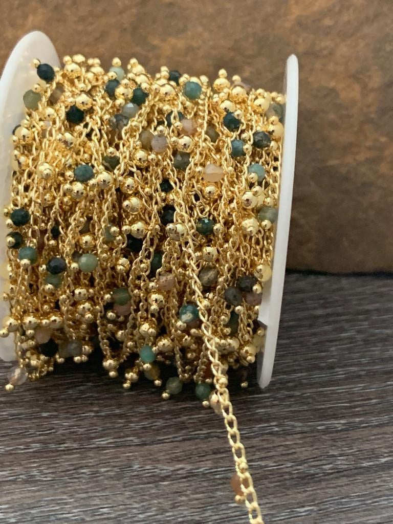 Gemstone green and brown chain per foot goldfilled 21349