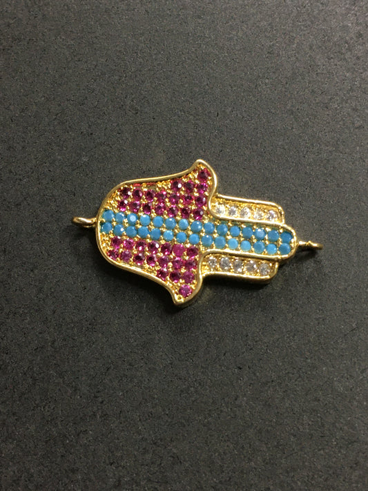 25mm Hamsa Hand Blue and Pink Pave Connector 16319