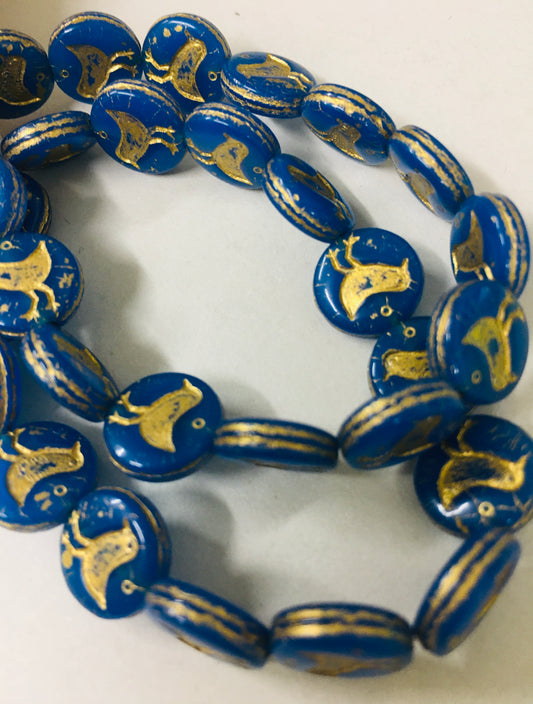 11mm Blue and Gold Bird Plaque Czech Strand / Ave