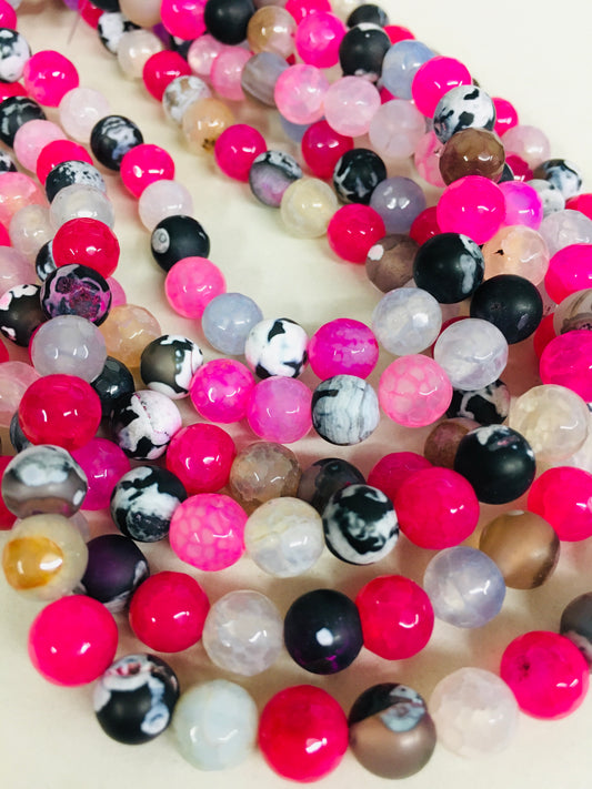 8mm Pink, Clear, Black and White Agate Faceted Strand / Agata